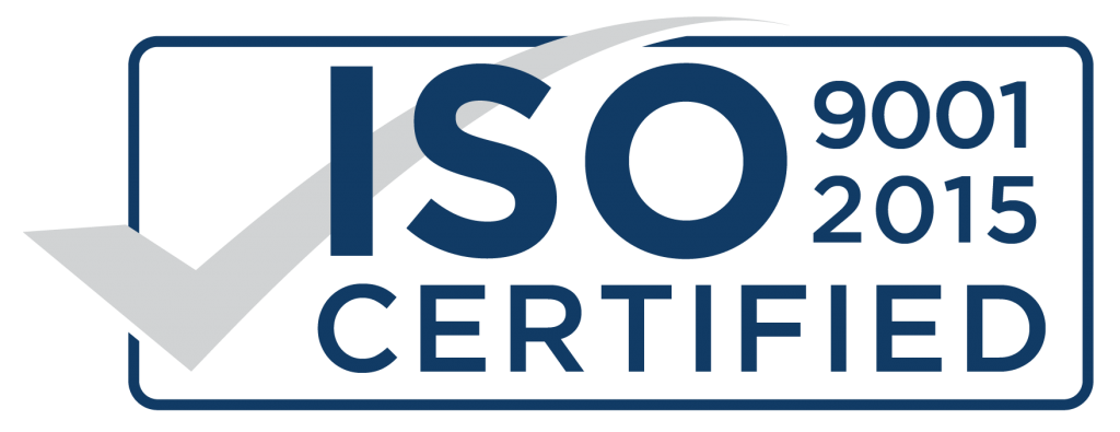 A blue and white logo for iso certified